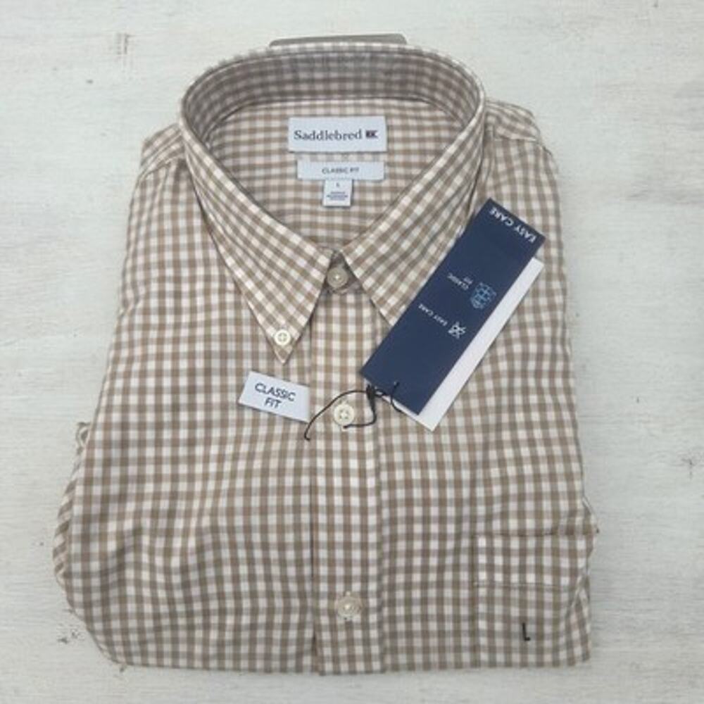 Saddlebred Men's Large Beige White Button Down Shirt Easy Care Classic Fit NWT